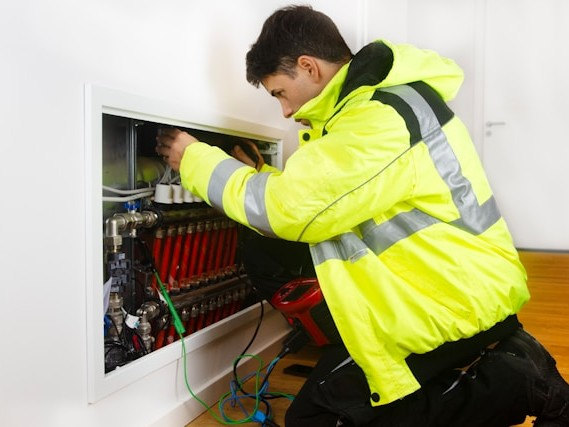 Elektriker bei der Arbeit an einer Verteilung in Essen